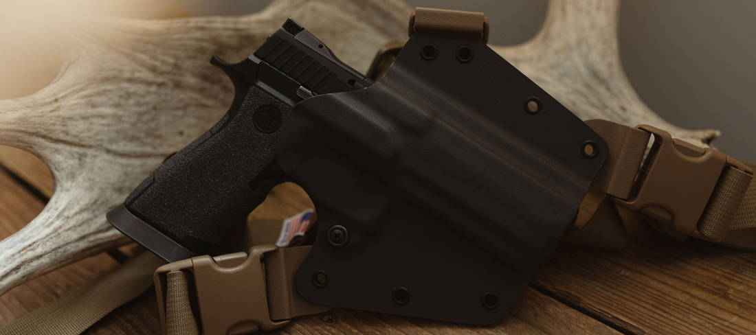 Storm Grey Kydex Arctos Arms Chest Holster made for a Sig Sauer X5 9mm