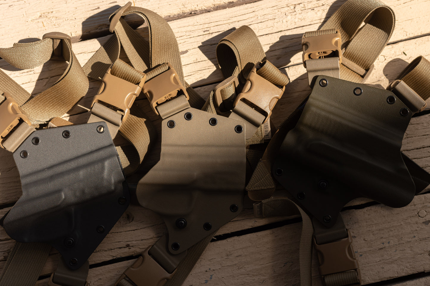 Three different colored chest holsters available, Storm Grey, FDE spring, and OD green.  All made from high quality thermo molded  Kydex.