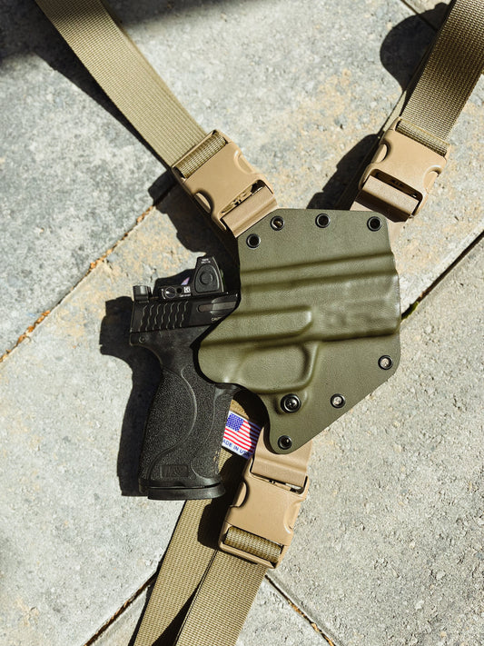 S&W M&P 2.0 10mm with redot sight in a kydex Actos Arms Chest Rig Holster for sale. one size fits all
